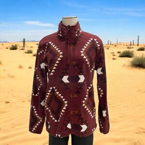 Womens S Full-Zip Fleece Jacket Aztec Tribal Print‎ Maroon Cozy Winter Boho Chic
